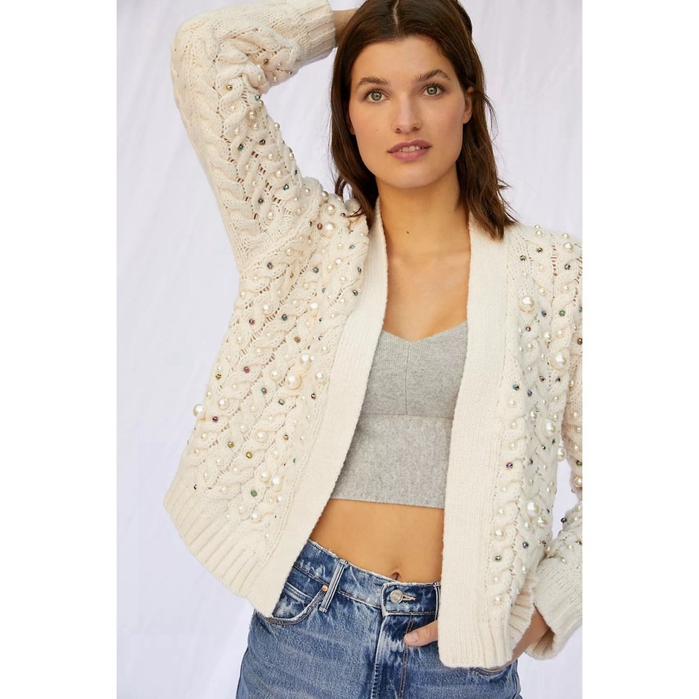 Anthropologie Maeve Embellished Cardigan One Size Cream Pearls - Picture 11 of 14